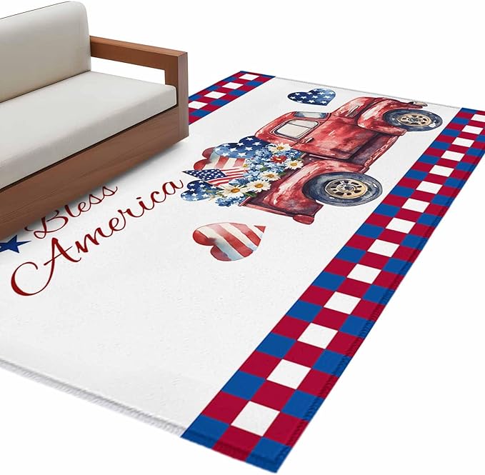Red Truck USA Flag Stars 3'x5' Area Rugs, God Bless America Washable Area Rugs Non-Slip Indoor Floor Mats Carpet for Living Room Bedroom Dining Room
