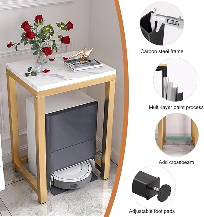Storage Rack Above The Sweeping Robot,Robot Vacuum Stand Cabinet,Entryway Hallway Double-Tier Robot Vacuum Cleaner Shelf,Steel Frame with Wooden Top,Small End Tables for Bathroom(Brown/Black,60x35/23.