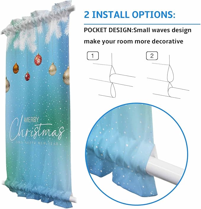 Christmas French Door Curtain Panel for Front Door, Blue Green Gradient White Pine Needle Xmas Balls Slidelight Door Curtains with Tieback Light Filtering Privacy Panels for Doorway Entryway 25"x 40"