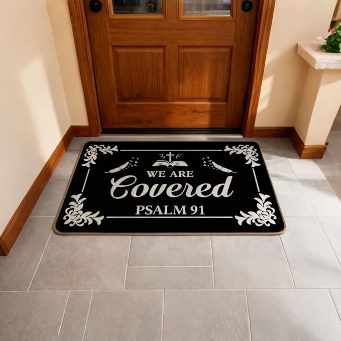We are Covered Psalm 91 Door Mat 17x30 Inch Psalms 91 Doormat for Front Door Outdoor Entry Farmhouse Style Kitchen Rug ES (Black)