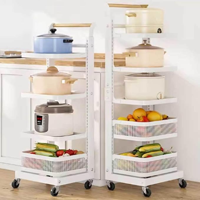3 Tier Kitchen Storage Rack for Frying Pan Pot and Pan niser with Corner Microwave Shelf White 5 Boards 3 Baskets