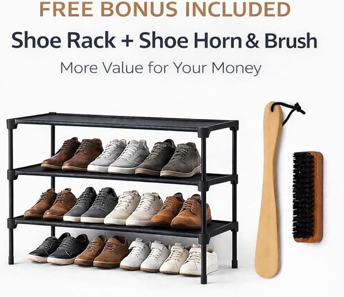 3-Tier Stackable Shoe Rack Organizer with Handle & Cleaning Brush, Adjustable Metal Shoe Shelf for Closet, Entryway, Bedroom & Hallway, No Tool Assembly, Durable Black Metal.