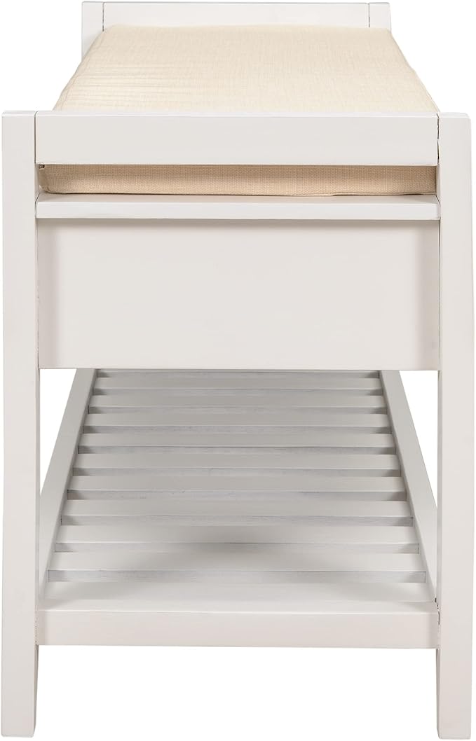 Knocbel Entry Storage Bench Shoes Rack with Cushioned Seat, 2 Drawers & Slatted Shelf, Living Room Entryway Hallway Foyer Shoe Bench Bedroom End of Bed Bench (White)