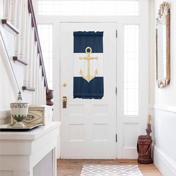 French Door Curtain Panel for Front Door, Gold Anchor Navy Blue White Navigation Slidelight Door Curtains with Tieback Light Filtering Privacy Panels for Doorway Entryway 25"x 40"