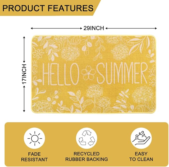 Hello Summer Door Mat Welcome Doormat, Plants Outdoor Rug Leaves Decor Floor Front Door Mat Non-Slip Entrance Mat for Home Kitchen Bathroom Decorations 17 X 29 Inch (Yellow)