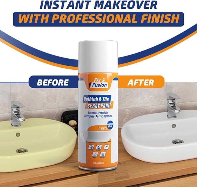 Fix & Fusion Bathtub & Tile Spray Paint, Multi-Surface Coating for Bathroom & Kitchen, High Adhesion, Water-Resistant, for Porcelain, Ceramic, Fiberglass, Countertops & More, White 13.5 oz (Pack of 2)