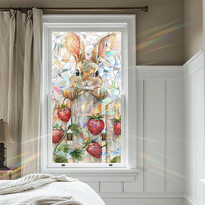 Easter Window Privacy Film 39.4 x 17.3 Inch PVC Bunny Strawberry Window Film Crescent Texture Decorative Glass Covering with Sunlit Glossy Shine for Bathroom Kitchen Living Room