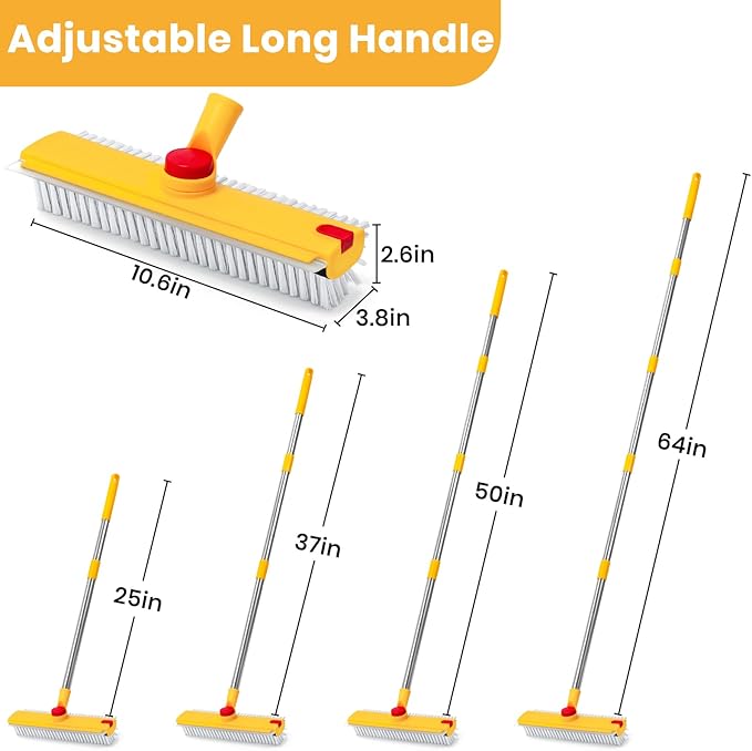 REEWII 64in Floor Scrub Brush with Long Handle,3 in 1 Hard Bristle Cleaning Brush with Scraper and Tweezers for Household Cleaning, Bathroom, Swimming Pool, Garage, Windows, Walls, and Terrace Decks