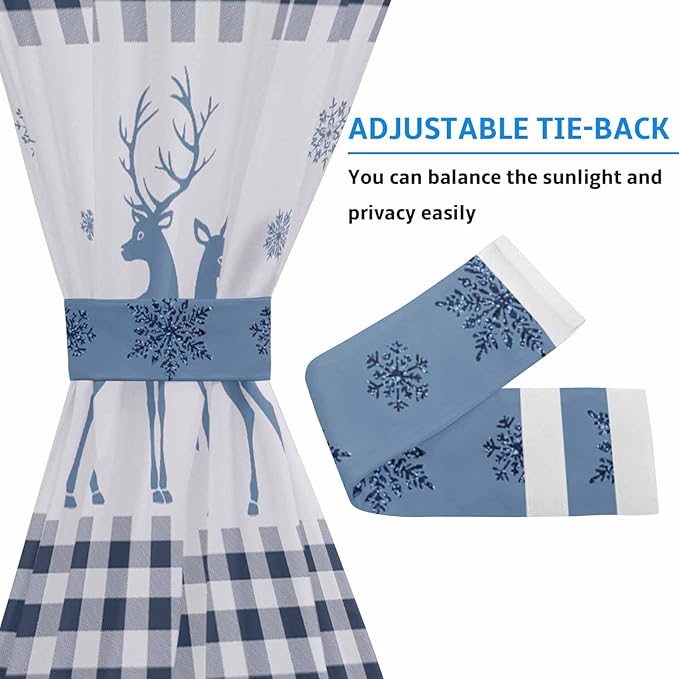 Christmas French Door Curtain Panel for Front Door, Steel Blue Xmas Deer Silhouette Plaid Snowflakes Slidelight Door Curtains with Tieback Light Filtering Privacy Panels for Doorway Entryway 25"x 40"
