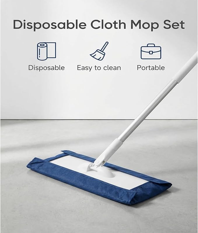 Snap Grip Mini Mop,Retractable Cleaning Tool - Zero Touch Gap & Floor Duster with 40" Handle, 10 Washable Pads for Under Furniture, Corners & Multi-Surface Dry/Wet Use (White - 10 Cloth)