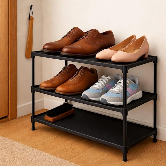 PRINCKY Store - 3-Tier Shoe Rack Organizer Bundle with Wooden Shoe Horn and Cleaning Brush, Compact Free-Standing Shoe Shelf for Closet, Entryway and Dorm, Space Saving Design, Black