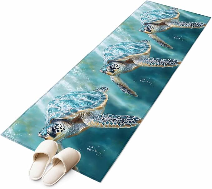 Marine Animal Runner Rug 2'x6', Ocean Turtle Modern Art Abstract Style Hallway Runner Rugs Washable Non-Slip Bedside Floor Mats Carpet for Kitchen Bedroom Laundry Room Bathroom