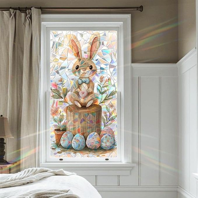 Window Film 17.3 x 39.4 Inch Easter Bunny and Painted Egg Design PVC Decorative Privacy Window Covering for Seasonal Home Styling Spring Glass Surface Decor