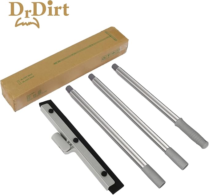 DrDirt Floor Squeegee with 14-Inch Swivel Head | 50-Inch Stainless Steel Handle and Replaceable Dual Foam Blades | Water Broom & pet Hair Remover | Ideal for Garage Tiles & Carpets