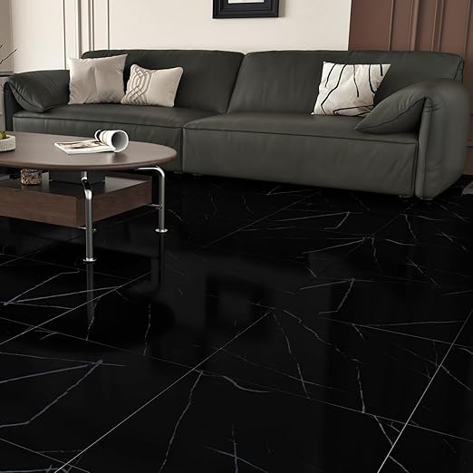Wallercity Glossy Black Marble Vinyl Floor Tiles 12''x12'' Peel and Stick Floor Tile Waterproof Self Stick Flooring Tiles Black Removable Tile Decorative Panels for Bathroom Garage Kitchen 18-Packs