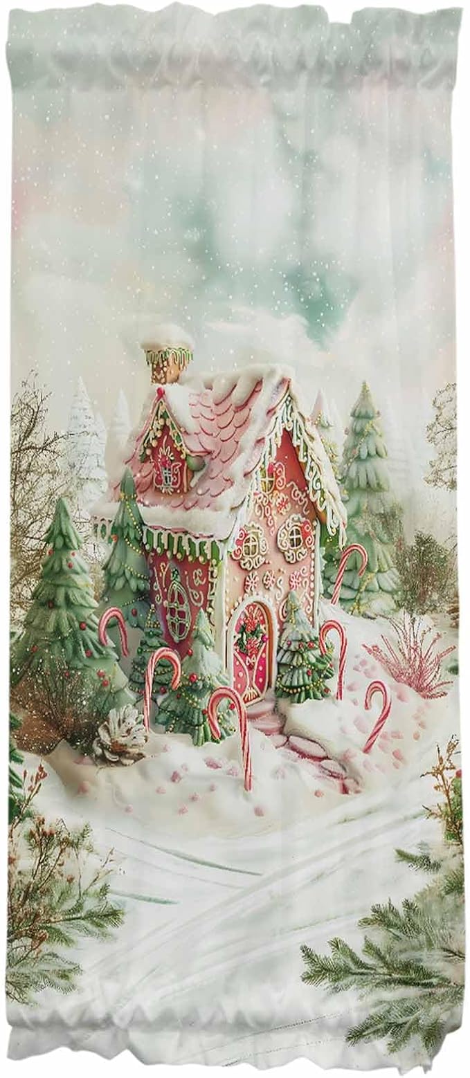Christmas French Door Curtain Panel for Front Door, Snowing Pine Forest Dreamy Christmas Candy House Slidelight Door Curtains with Tieback Light Filtering Privacy Panels for Doorway Entryway 25"x 40"