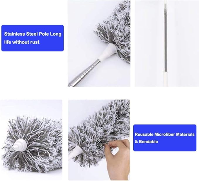 Lomida Microfiber Duster with Extension Pole(Stainless Steel), Extra Long 100 inches, with Bendable Head, Extendable Duster for Cleaning High Ceiling Fan, Interior Roof, Cobweb, Gap Dust Wet or Dry