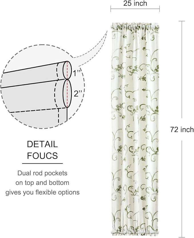 VOGOL French Door Curtains, Green Vines Embroidered Privacy Doorway Curtains, 1 Piece 25 x 72 Inches Window Treatment for Sidelight Glass Window, Rod Pocket