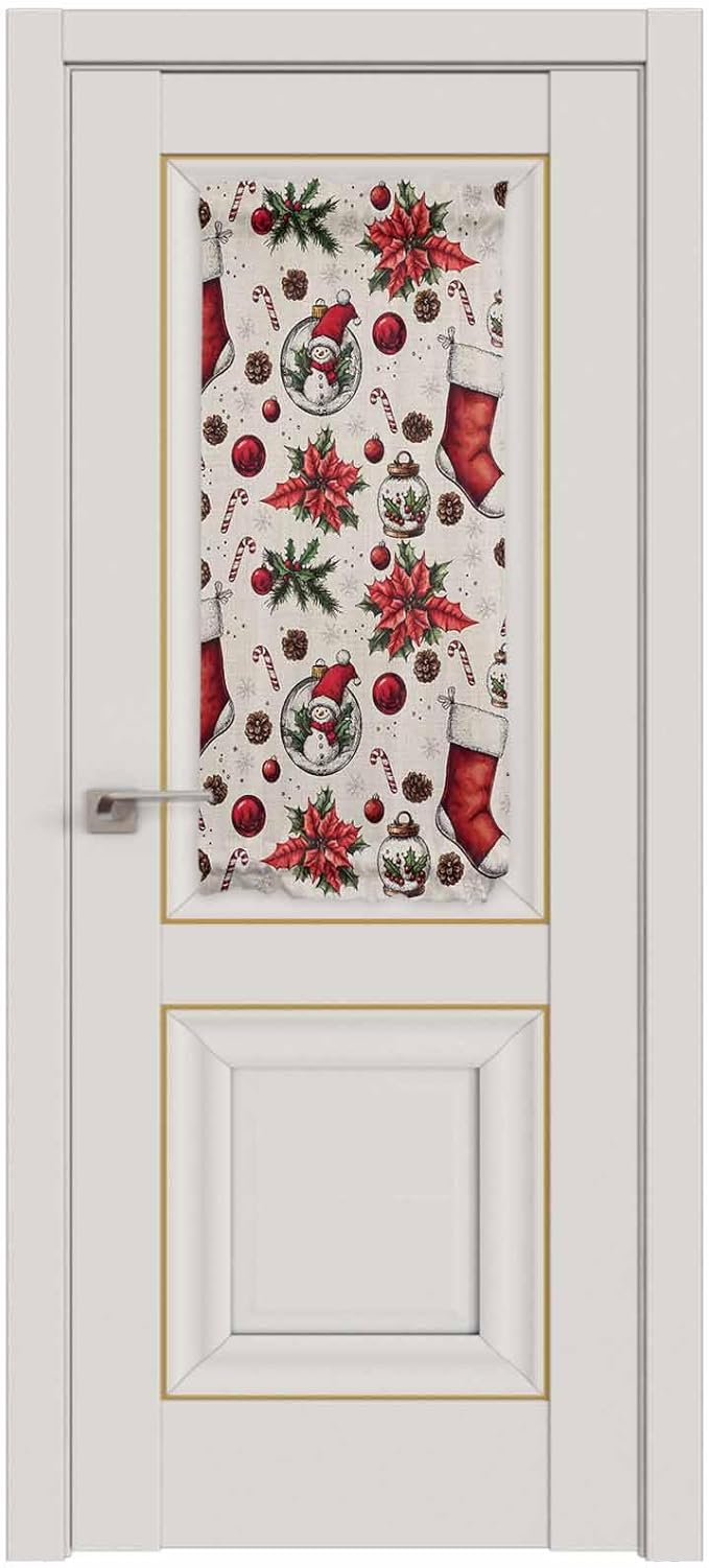 Christmas French Door Curtain Panel for Front Door, Pine Branch Cones Red Xmas Sock Ornaments Snowman Slidelight Door Curtains with Tieback Light Filtering Privacy Panels for Entryway 25"x 40"