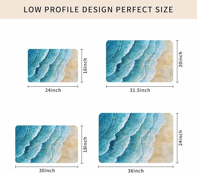 Abstract Waves Doormat Spray Blue Ocean Seaside Watercolor Non Slip Low Profile Rubber Door Mat Washable Absorbent Indoor Front Door Mat Entryway Rug Entrance Carpet 24x36 Inch