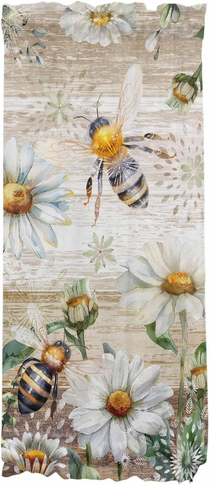 French Door Curtain Panel for Front Door, Retro Country Style Wood Grain Flower Plant Daisy Bee Slidelight Door Curtains with Tieback Light Filtering Privacy Panels for Doorway Entryway 25"x 40"