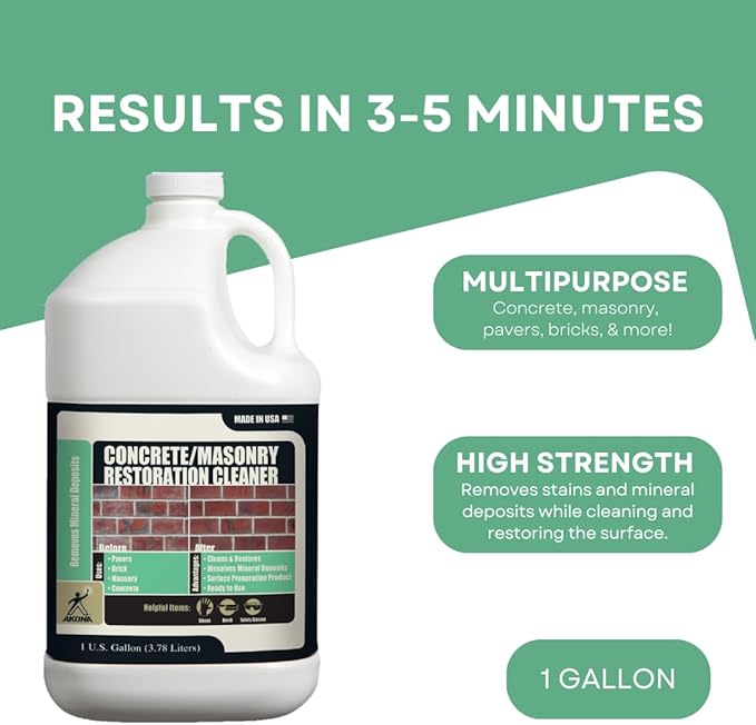 Akona Concrete/Masonry Restoration Cleaner - Clean & Restore Concrete, Masonry, Brick, Pavers, & More, Removes Efflorescence, Indoor or Outdoor, Multipurpose (1 Gallon, 1)