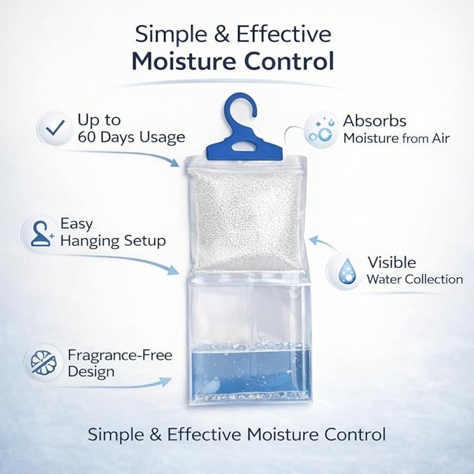 Humidi Free Hanging Dehumidifier Bags-4 Pack, Moisture Absorber for Closet, Bathroom & Basement, Humidity Control Hanging Bags, Fragrance-Free, Space Saving Design
