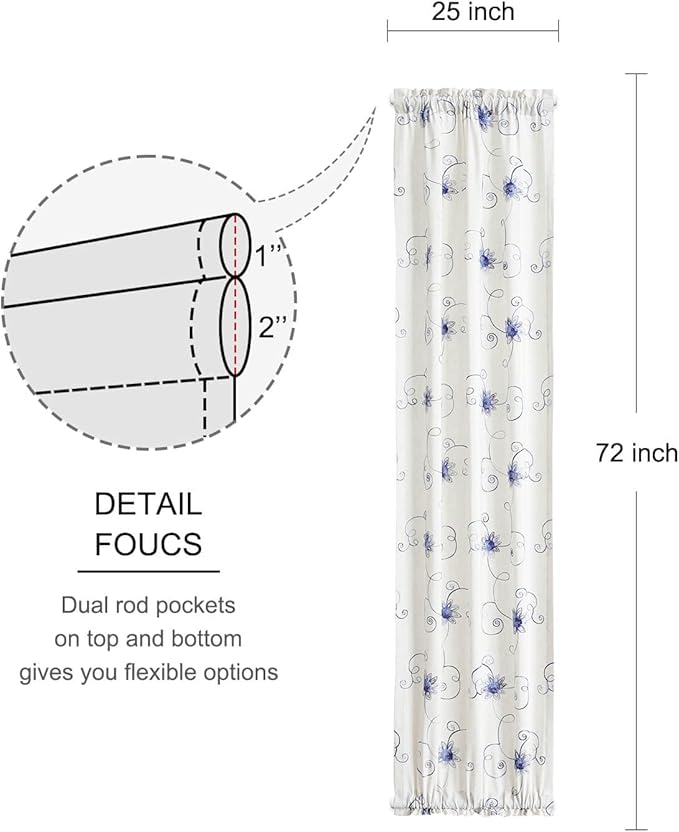 VOGOL French Door Curtains, Rod Pocket Light Filtering Curtains for Doors with Glass Window, Blue Foral Embroidery Design for Kitchen Patio Doors, 25 x 72 Inches, 1 Panel
