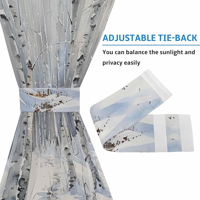 French Door Curtain Panel for Front Door, Watercolor Winter Birch Forest Path White Snow Slidelight Door Curtains with Tieback Light Filtering Privacy Panels for Doorway Entryway 25"x 40"