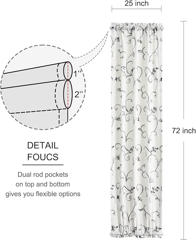 VOGOL Embroidered Door Curtain Panels, Grey Vines Pattern Embroidery Botanical Design for French Glass Door, Dual Rod Pocket, 1 Piece, 25 x 72 Inches