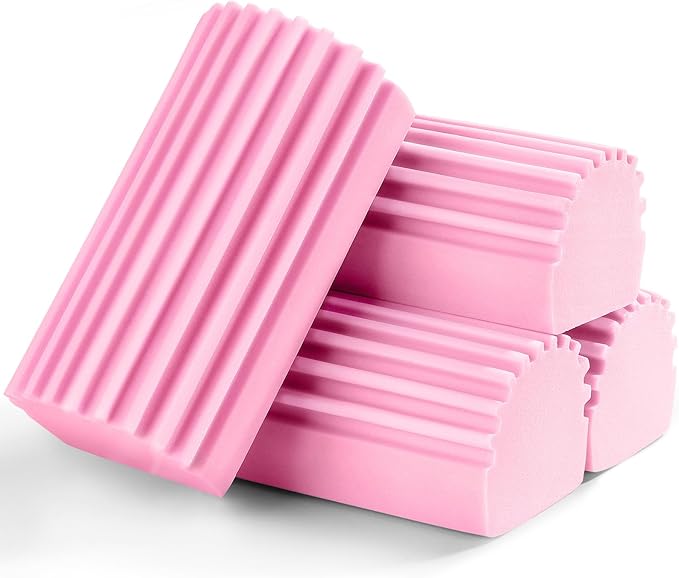 Jeymei 4-Pack Damp Clean Duster Sponge,Pink Damp Dusting Sponge,Duster Baseboard Cleaner Sponge with Ridges,Reusable Wet Duster Sponge,Household Cleaning Sponges for Blinds,Window Track Grooves