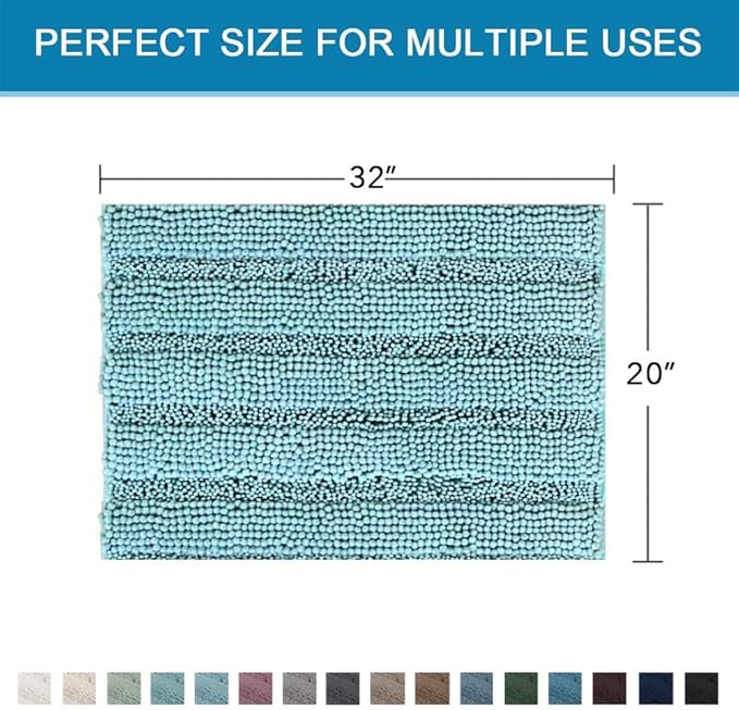 H.VERSAILTEX Bath Rugs for Bathroom Non Slip Bath Mats Extra Thick Chenille Striped Rug 20" x 32" Absorbent Non Skid Fluffy Soft Shaggy Washable Plush Mat for Indoor, Bath Room, Tub - Aqua Haze