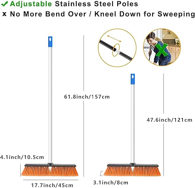 18" Push Broom Outdoor Heavy Duty, Snow Broom with Long Handle, Shop Broom Garage Push Broom for Garden, Patio, Garage, Bathroom, Kitchen, Tub, Carpet, Tile, Deck, Concrete, Industrial (Orange White)