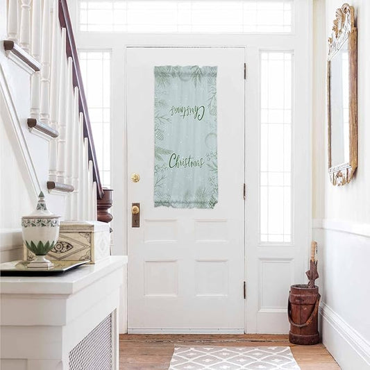 Christmas French Door Curtain Panel for Front Door, Pale Green Botanical Leaves Berries Christmas Slidelight Door Curtains with Tieback Light Filtering Privacy Panels for Doorway Entryway 25"x 40"