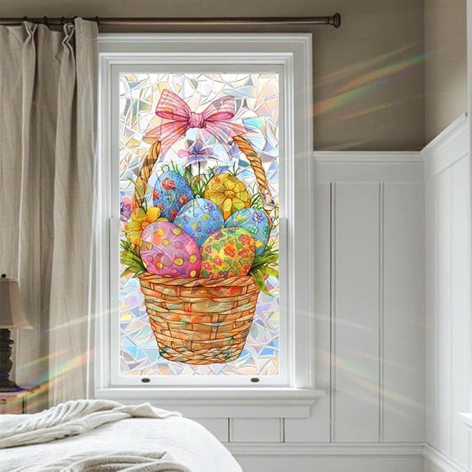 Easter Window Privacy Film 39.4 x 17.3 Inch PVC Easter Egg Basket Window Crescent Texture Decorative Glass Covering with Sunlit Glossy Shine for Bathroom Kitchen Living Room Privacy Accent