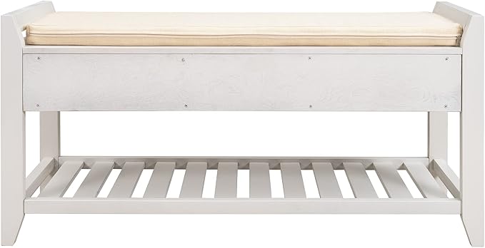 Knocbel Entry Storage Bench Shoes Rack with Cushioned Seat, 2 Drawers & Slatted Shelf, Living Room Entryway Hallway Foyer Shoe Bench Bedroom End of Bed Bench (White)