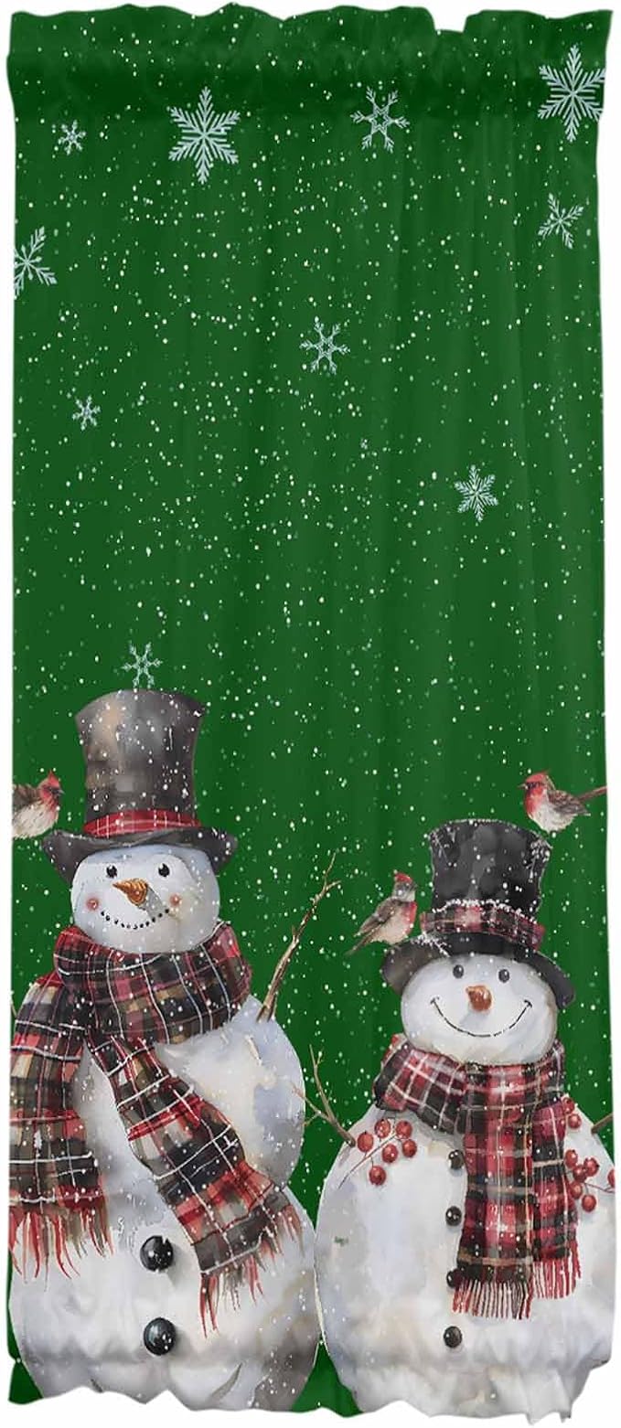 Christmas French Door Curtain Panel for Front Door, Xmas Top Hat Snowmen Cardinals Snowflake Dark Green Slidelight Door Curtains with Tieback Light Filtering Privacy Panels for Entryway 25"x 40"