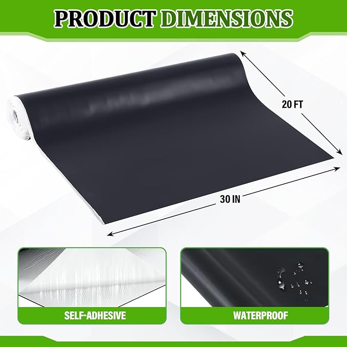 Pushglossy 1 Roll EPDM Rubber Roofing Membrane 30" x 20ft, Self-Adhesive Waterproof Underlayment, 47 Mil Reinforced Flat Roof Sheet, Ice and Water Sheet for RV, Shed, Garage and Patio