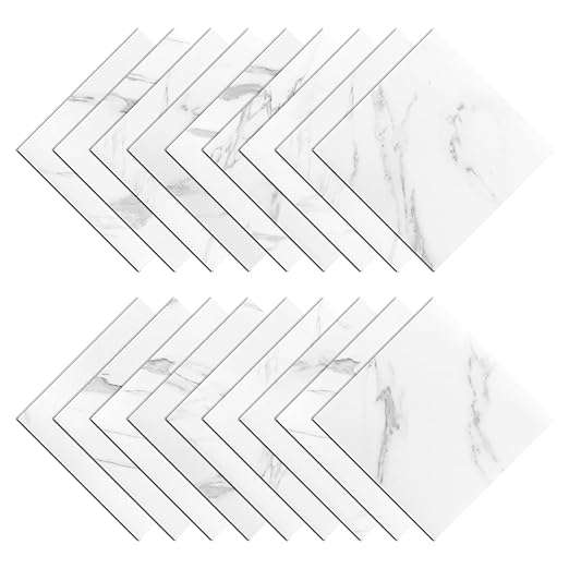 Wallercity White Marble Floor Tile Peel and Stick Bathroom Flooring Self Adhesive 18PCS Vinyl Floor Tiles Waterproof Flooring Sticky Tiles for Kitchen Bedroom Dinning Room Laminate Sheets 12''x12''