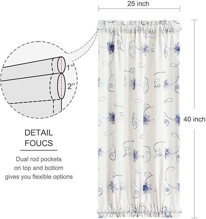 VOGOL Linen Textured French Door Curtains, 40 Inches Long Floral Embroidered Rustic Door Panel, 1 Piece Rod Pocket Curtain for Front Glass Windows, Blue on Beige