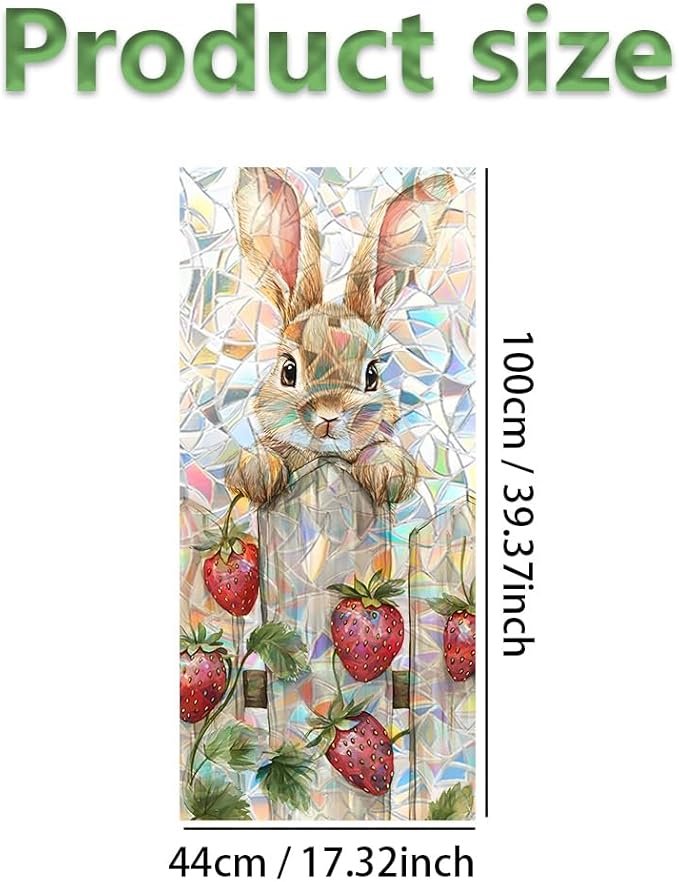 Easter Window Privacy Film 39.4 x 17.3 Inch PVC Bunny Strawberry Window Film Crescent Texture Decorative Glass Covering with Sunlit Glossy Shine for Bathroom Kitchen Living Room