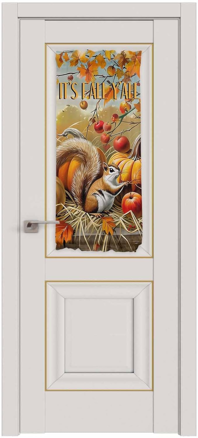 French Door Curtain Panel for Front Door, Apples Pumpkins Maple Squirrel Fall Slidelight Door Curtains with Tieback Light Filtering Privacy Panels for Doorway Entryway 25"x 40"