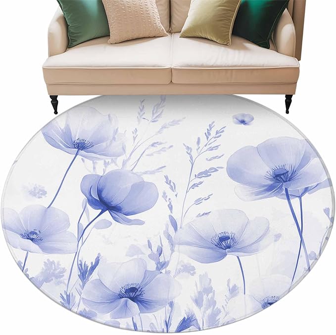 Flower Large Round Rug 7Ft, Blue Circle Area Rugs Washable Non Slip Indoor Floor Mats Carpet for Living Room Bedroom Dining Room Home Decor