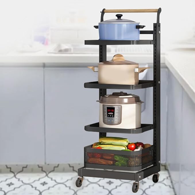 Kitchen Pan nizer Shelf Stand with Wheels Black 4 Tier Adjustable Storage Rack for Cupboard and Worktop