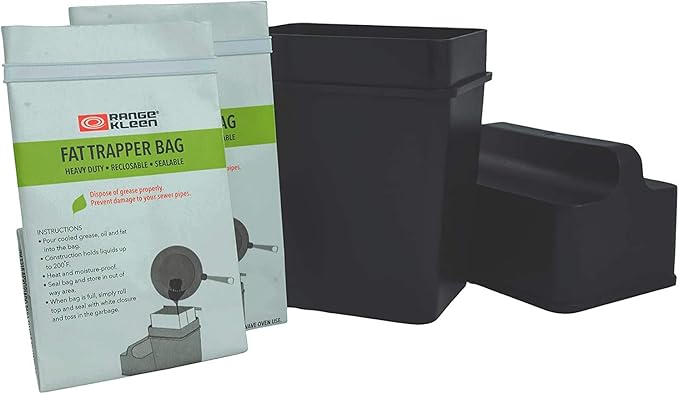Range Kleen Grease Container for Kitchen – “600-02 Trap the Grease” Grease Keeper System w/ 2 Fat Trapper Refill Bags + Kitchen Grease Container