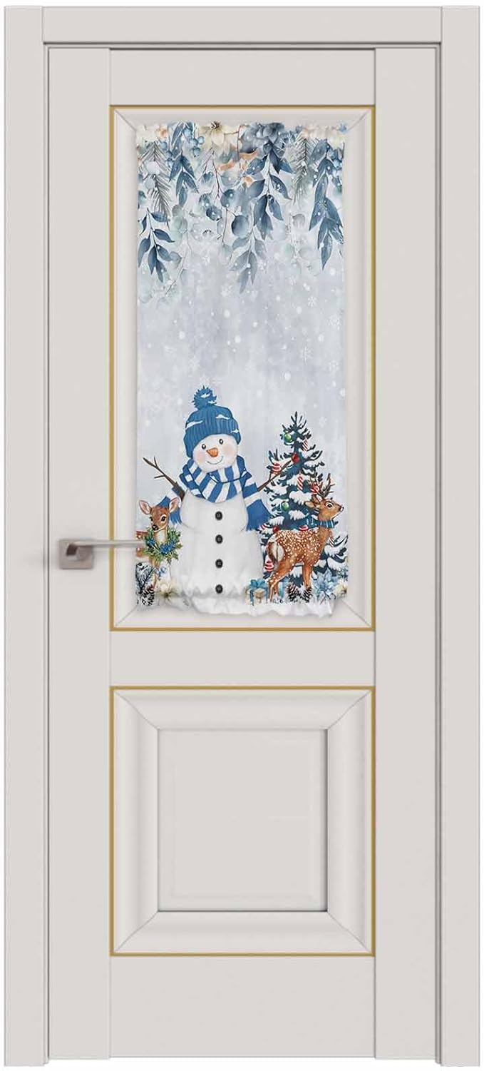 Christmas French Door Curtain for Front Door, Poinsettia Botanical Leaves Xmas Tree Deer Snowman Light Blue Slidelight Door Curtains with Tieback Light Filtering Privacy Panel for Entryway 25"x 40"