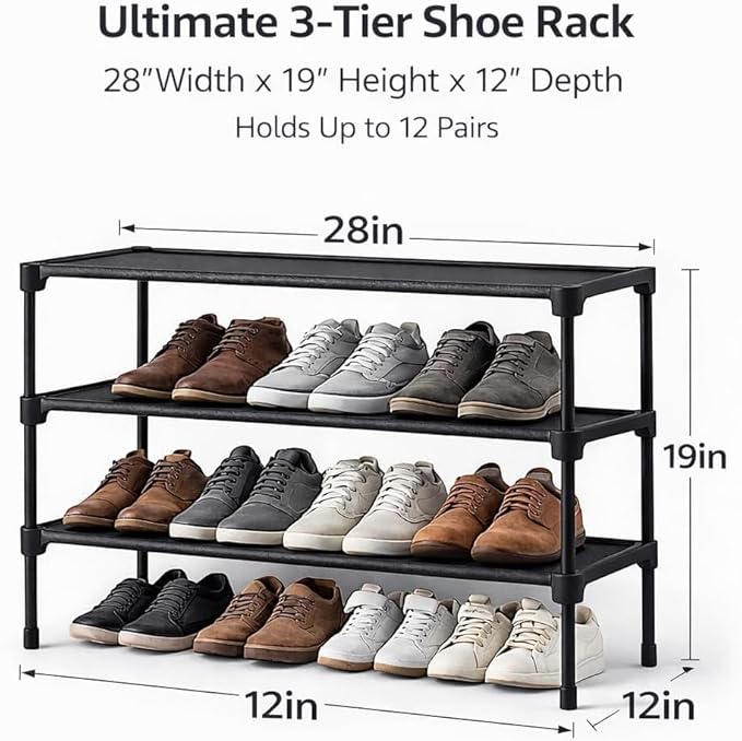 3-Tier Shoe Rack Organizer – Stackable Non-Woven Shoe Shelf, 27.5” Wide Shoe Storage for Closet, Entryway, Garage & Corridor – Space-Saving Shoe Shelves – Includes Shoe Brush & Shoe Horn, Black