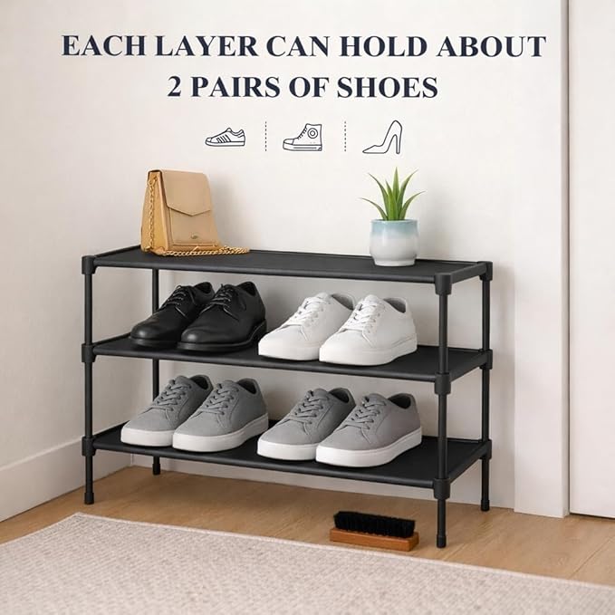 PRINCKY Store - 3-Tier Shoe Rack Organizer Bundle with Wooden Shoe Horn and Cleaning Brush, Compact Free-Standing Shoe Shelf for Closet, Entryway and Dorm, Space Saving Design, Black