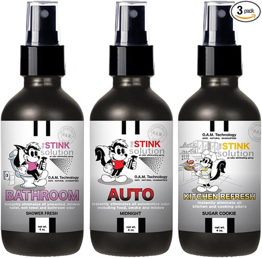 The Stink Solution Car, Kitchen, & Bathroom Odor Eliminator Spray | Trash Can & Toilet Deodorizer, Kitchen Spray, Garbage Odor Remover | 3 4 oz Bottles in Midnight, Sugar Cookie, & Shower Fresh Scents