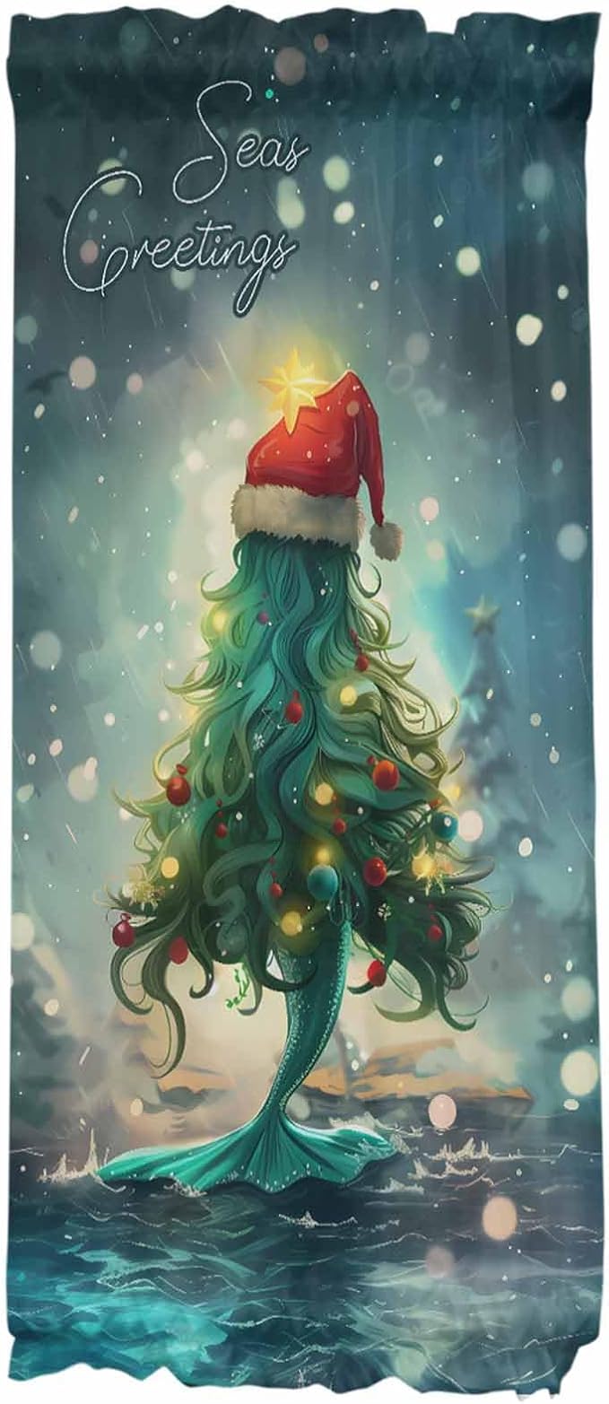 Christmas French Door Curtain Panel for Front Door, Sea Marine Life Christmas Tree Hair Slidelight Door Curtains with Tieback Light Filtering Privacy Panels for Doorway Entryway 25"x 40"